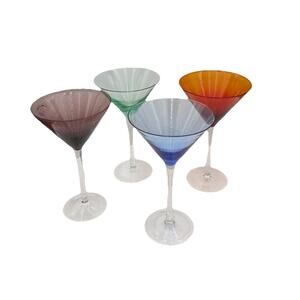 4 Vtg Martini Glasses 8oz Hand Blown Green Blue Orange Purple Clear Stem 8.0"H